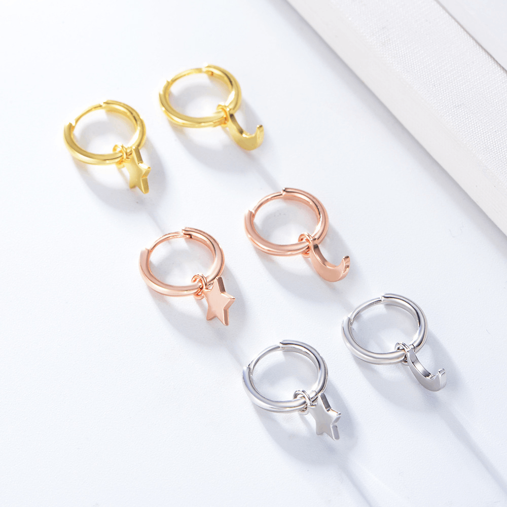 925 sterling silver asymmetrical moon and star huggie hoop earring women earrings