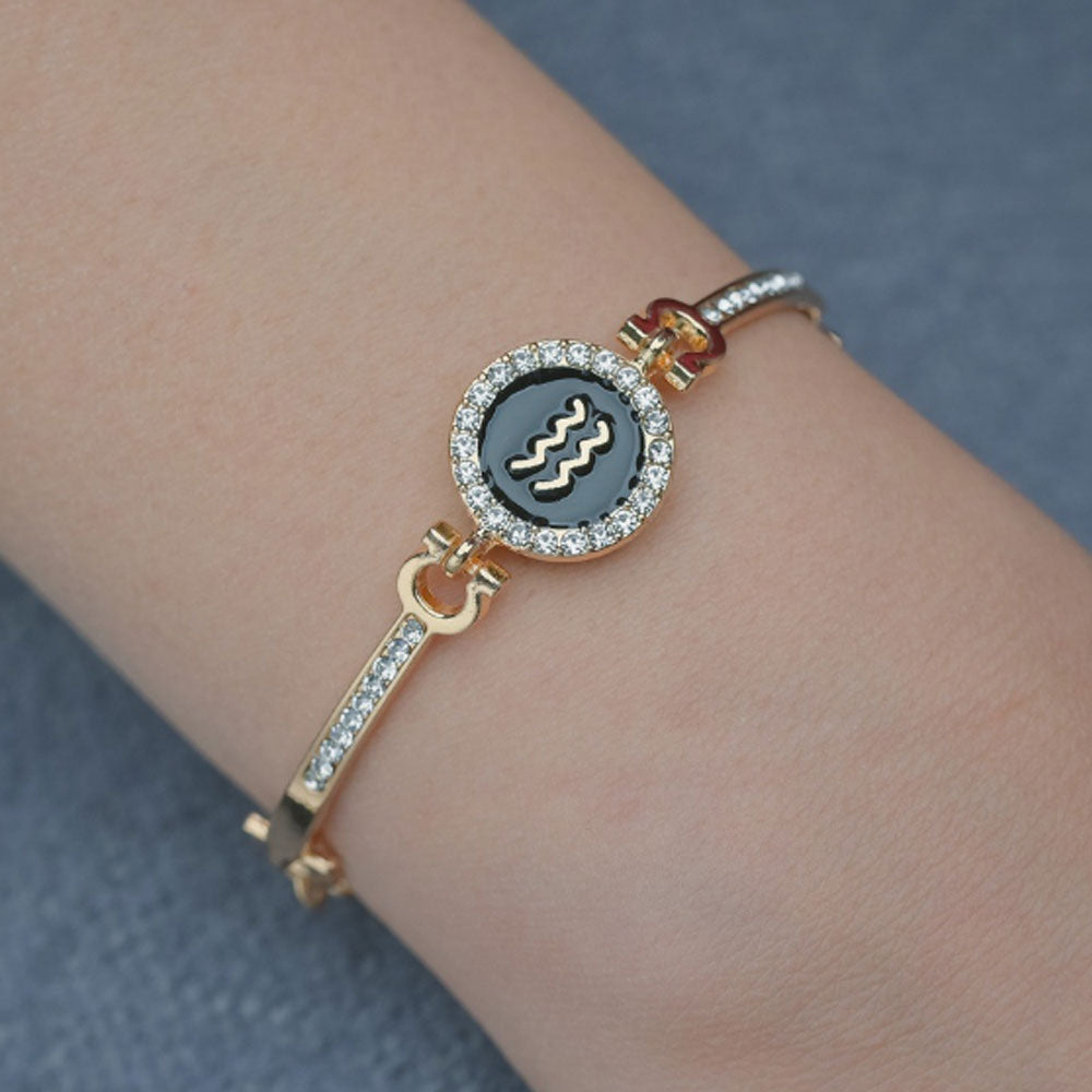 wholesale cubic zirconia diamond beads paving brass bangle 12 zodiac sings charm chain bracelet women adjustable