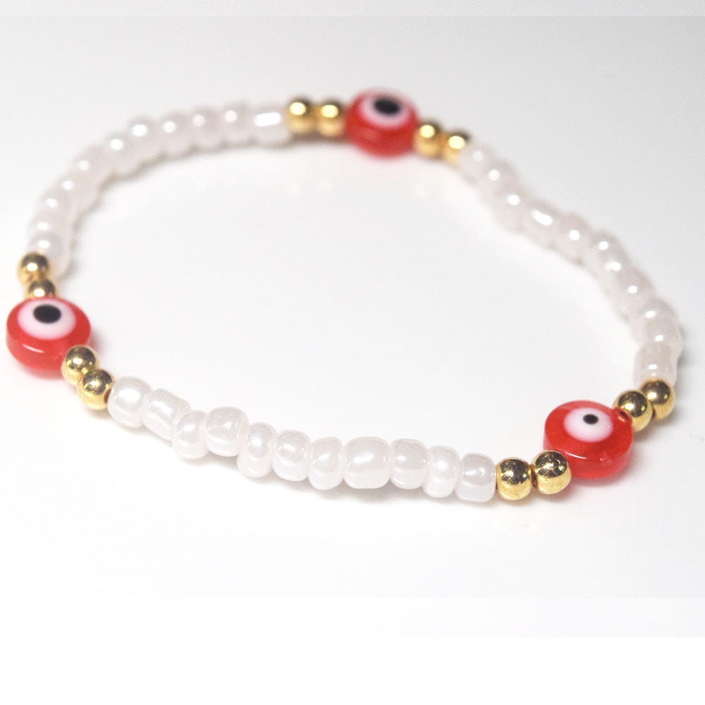 bohemian style stackabele handmade glass rice seed beads beaded elastic devil eye bead charm bracelet jewelry