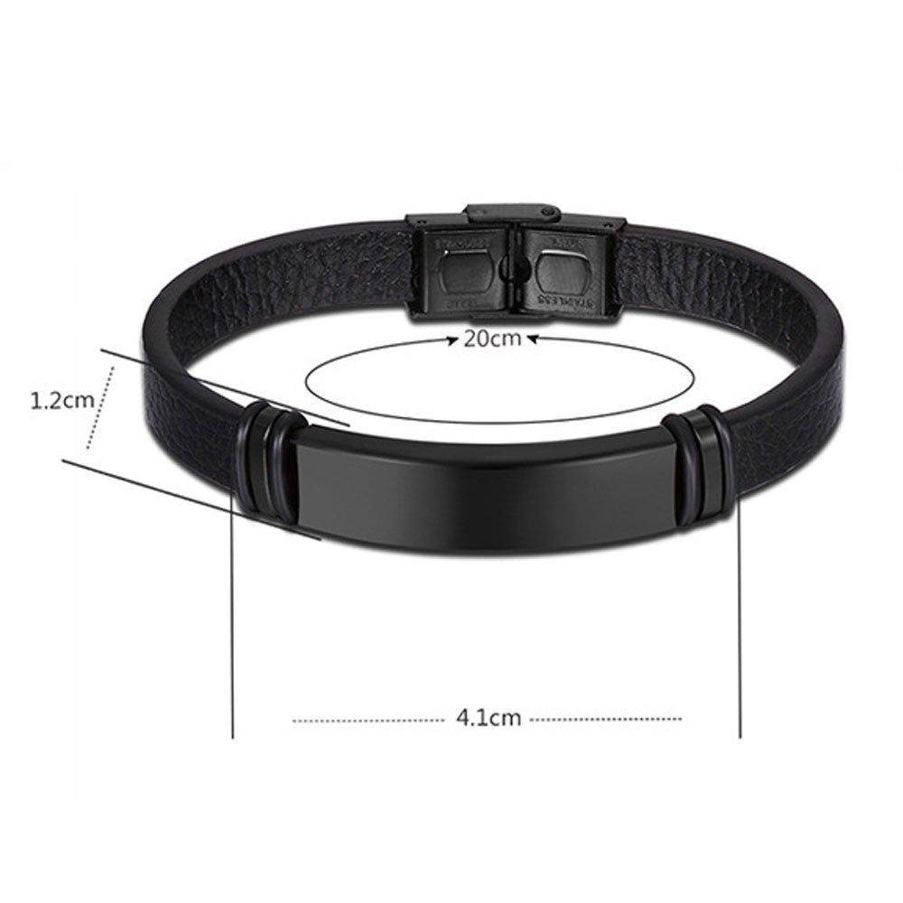 12mm wide black men's fancy metal blank plates engravable bangle bracelets leather stainless steel men trendy jewelry