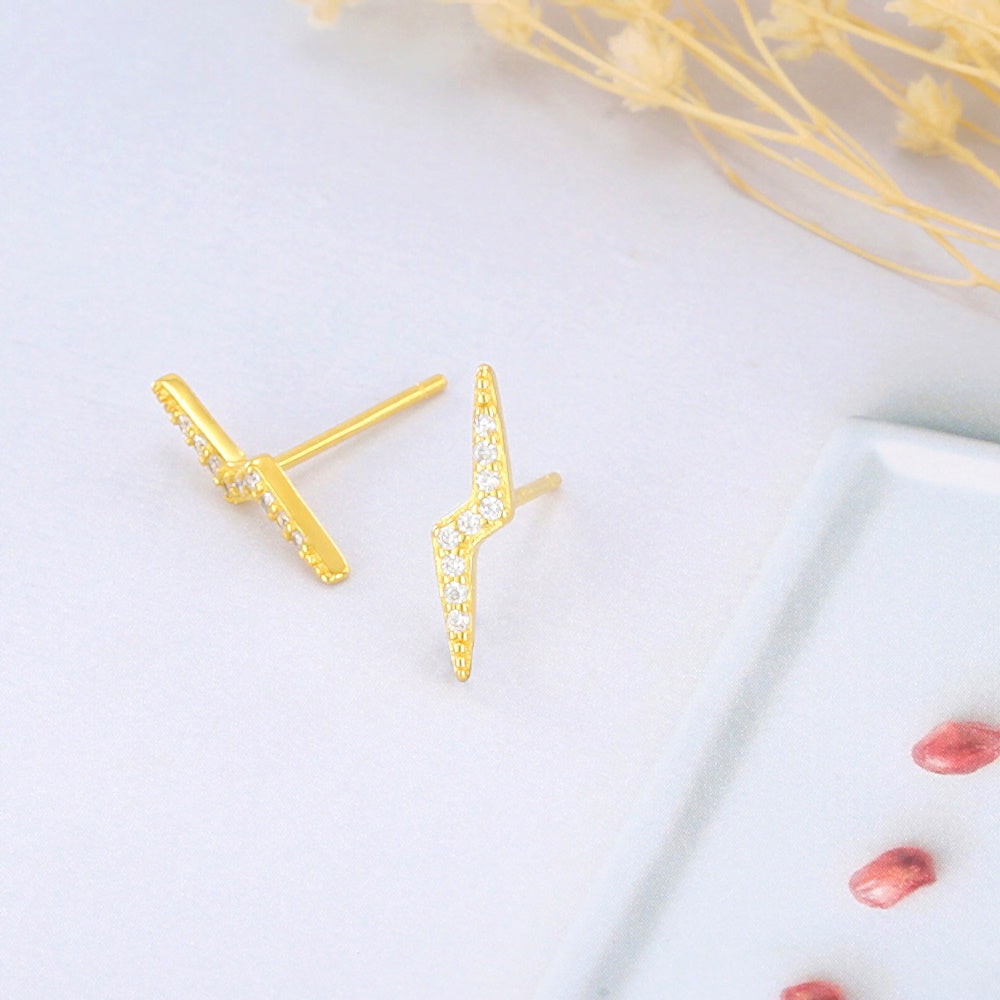 small 925 sterling silver gold plated cubic zirconia diamond lightning bot thouder charm stud earring women earrings jewelry