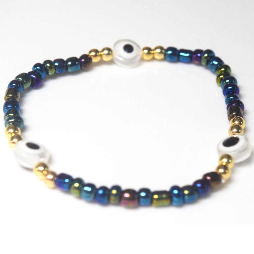 bohemian style stackabele handmade glass rice seed beads beaded elastic devil eye bead charm bracelet jewelry