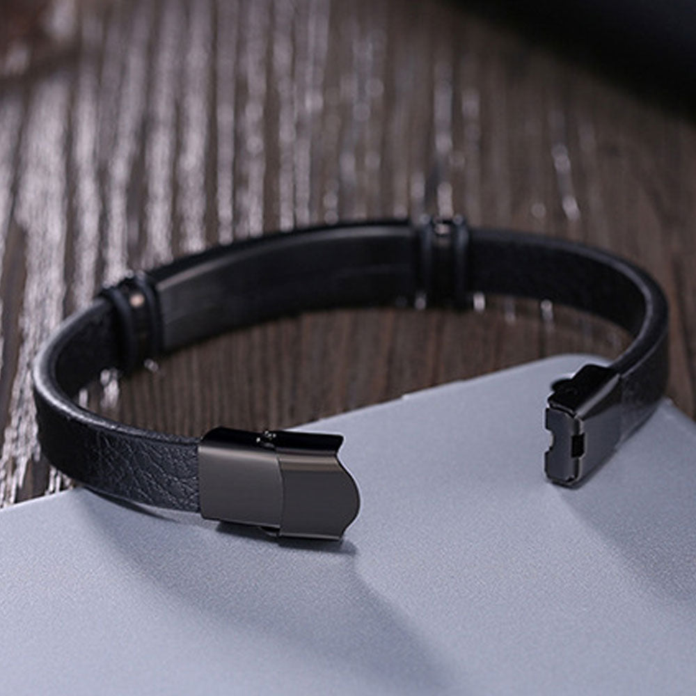 12mm wide black men's fancy metal blank plates engravable bangle bracelets leather stainless steel men trendy jewelry