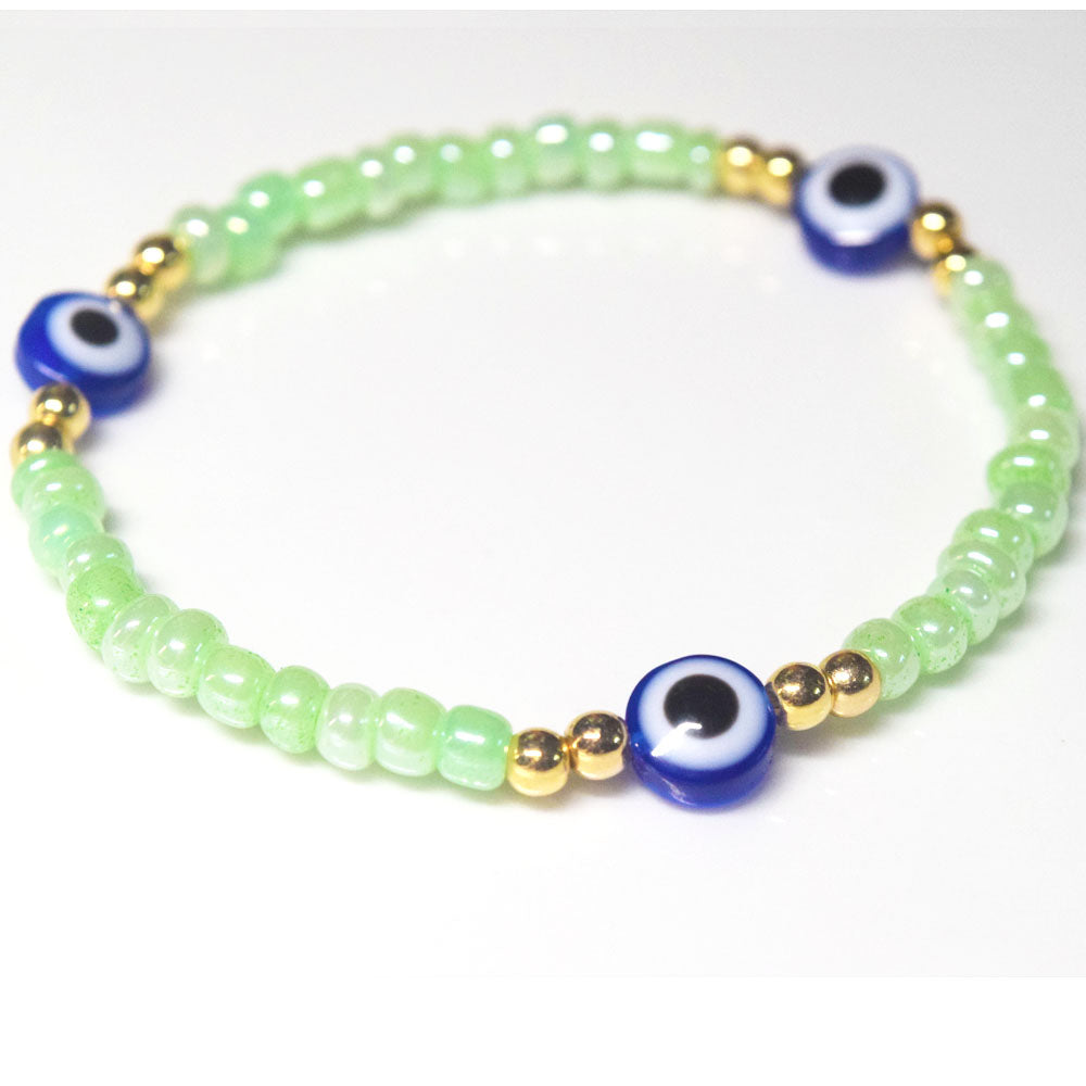 bohemian style stackabele handmade glass rice seed beads beaded elastic devil eye bead charm bracelet jewelry