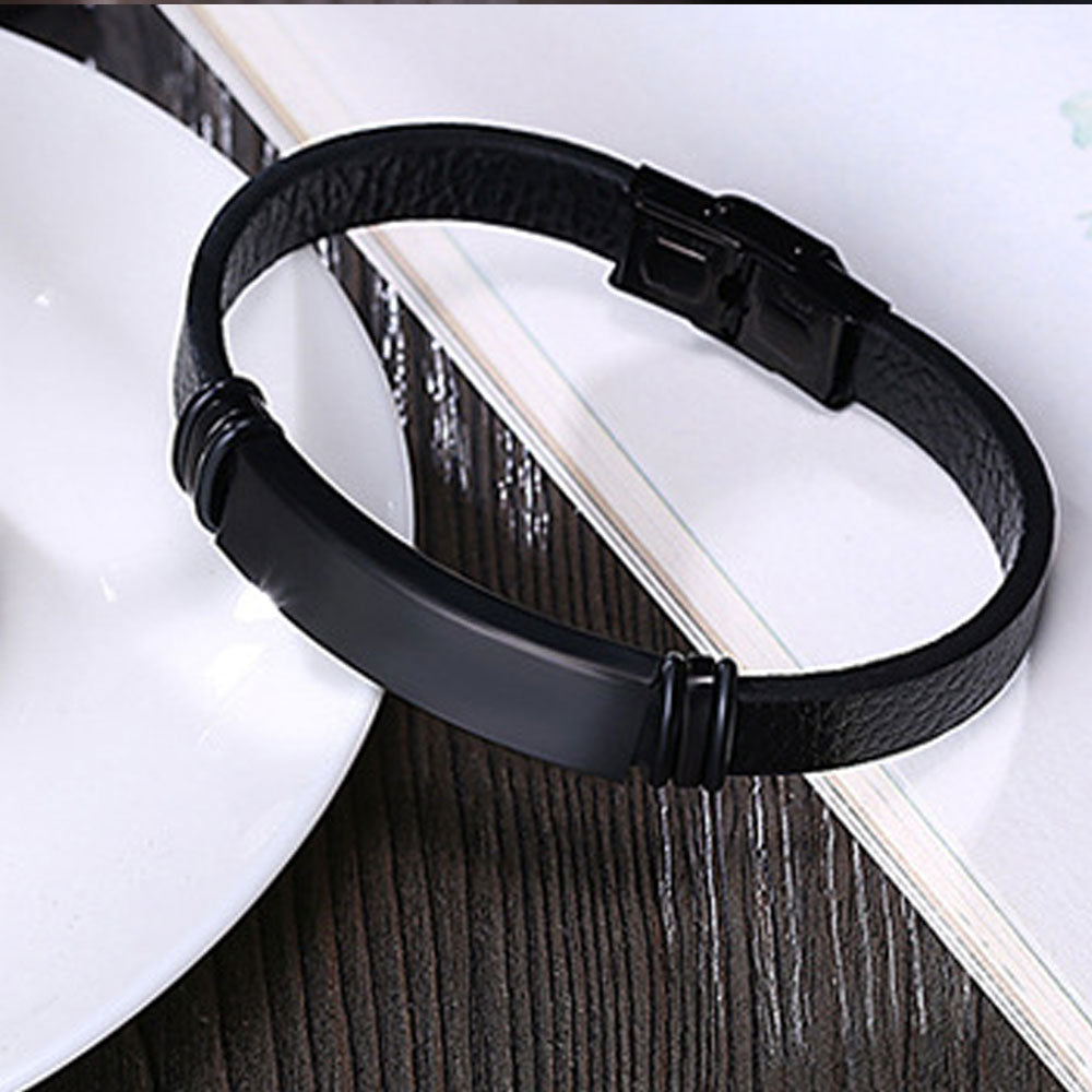 12mm wide black men's fancy metal blank plates engravable bangle bracelets leather stainless steel men trendy jewelry