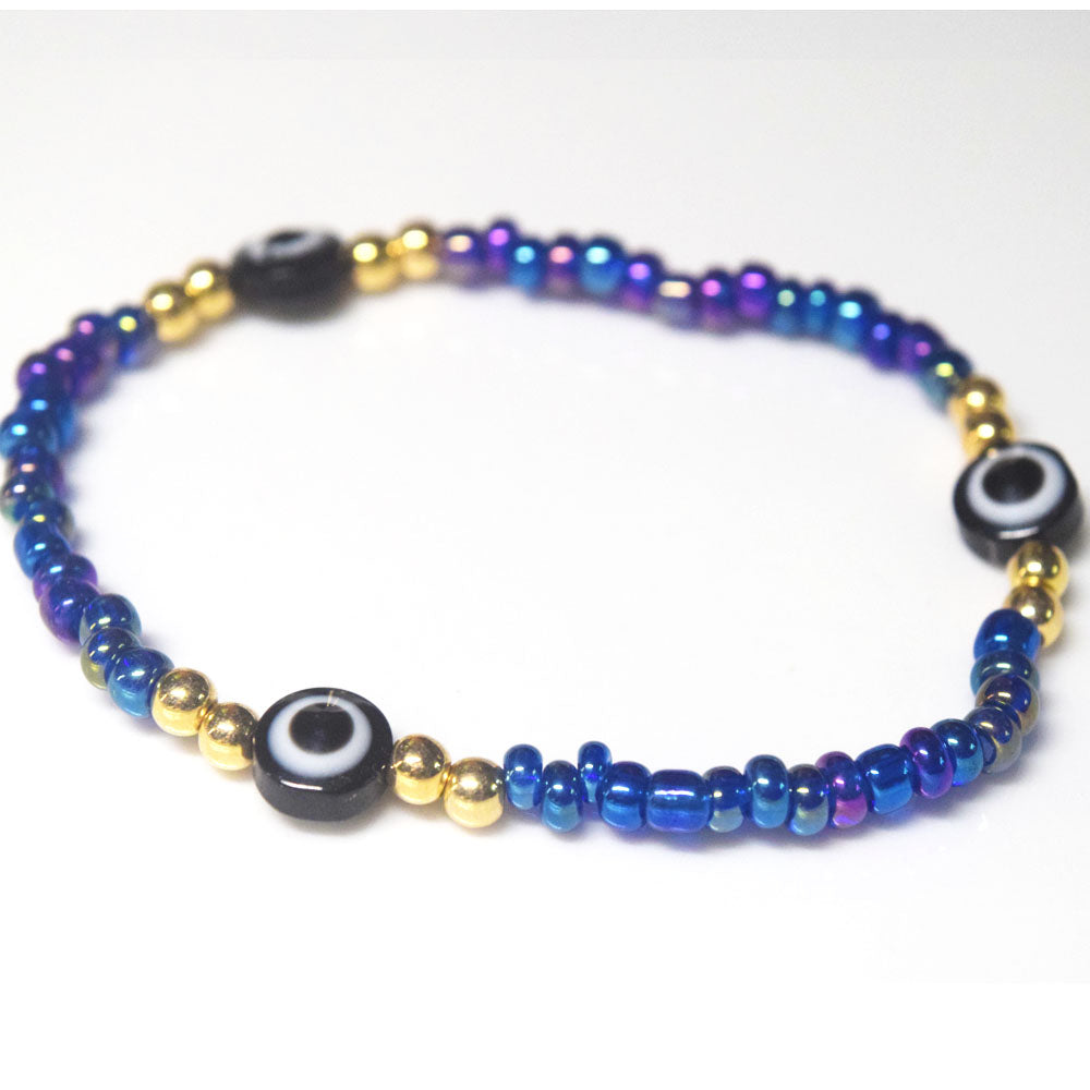 bohemian style stackabele handmade glass rice seed beads beaded elastic devil eye bead charm bracelet jewelry