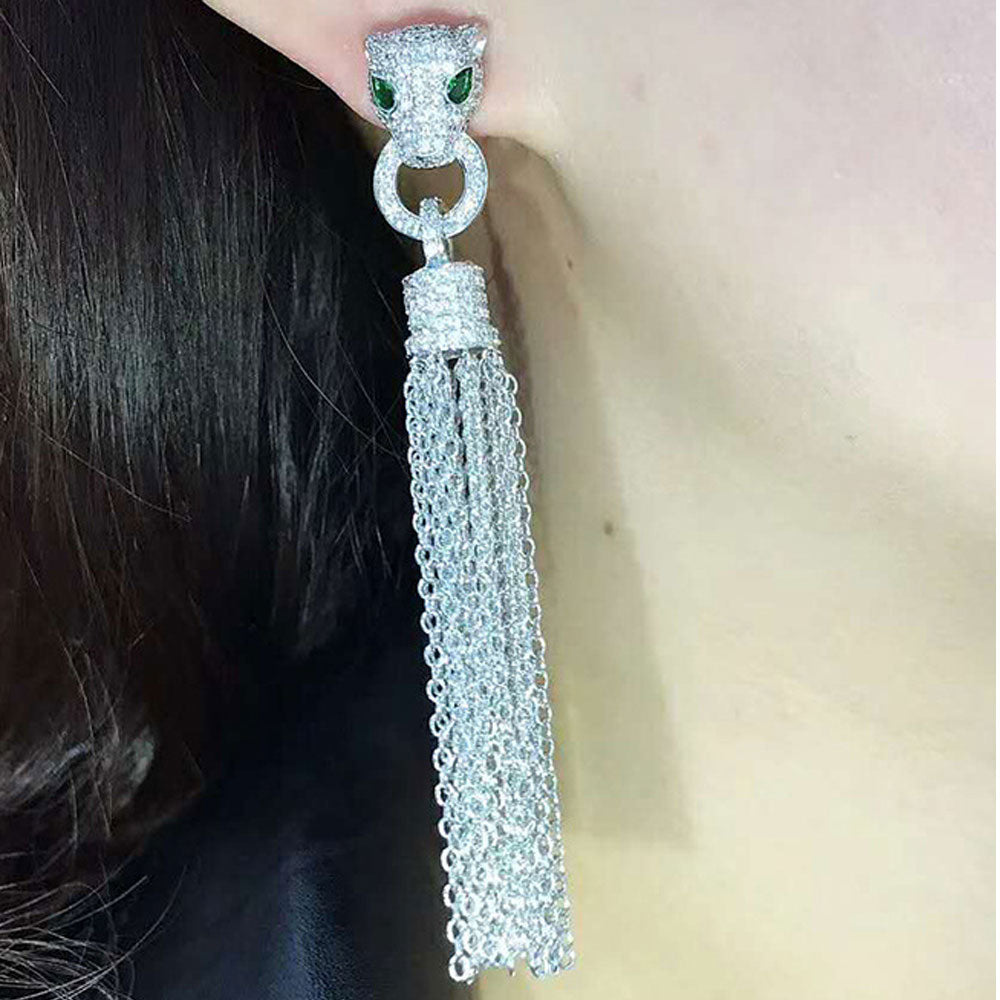 silver and gold cz zircon unique korea animal sex panther leopard head charm earring chain long metal tassel dangle drop earring jewelry boho