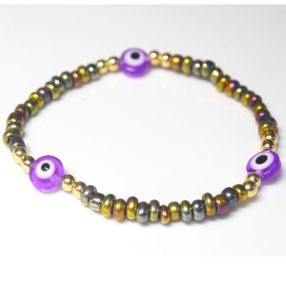 bohemian style stackabele handmade glass rice seed beads beaded elastic devil eye bead charm bracelet jewelry