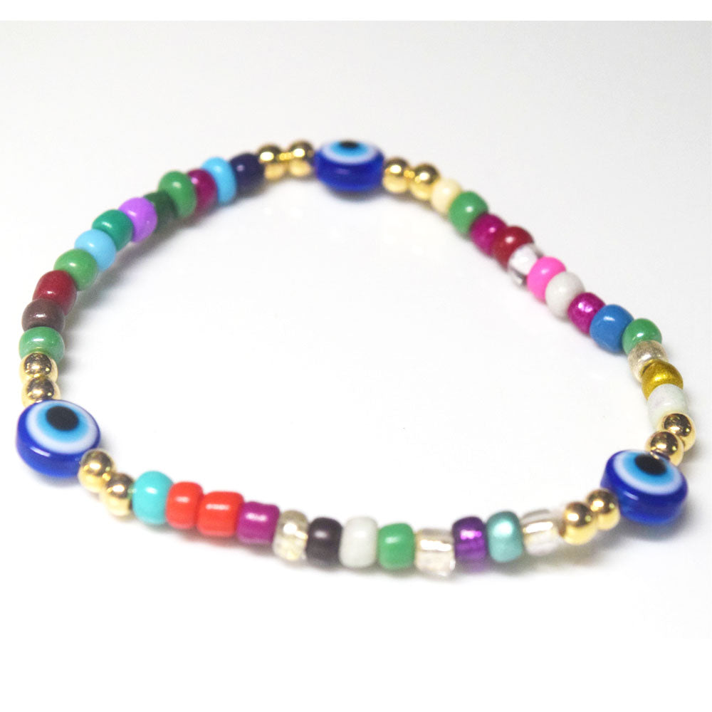 bohemian style stackabele handmade glass rice seed beads beaded elastic devil eye bead charm bracelet jewelry