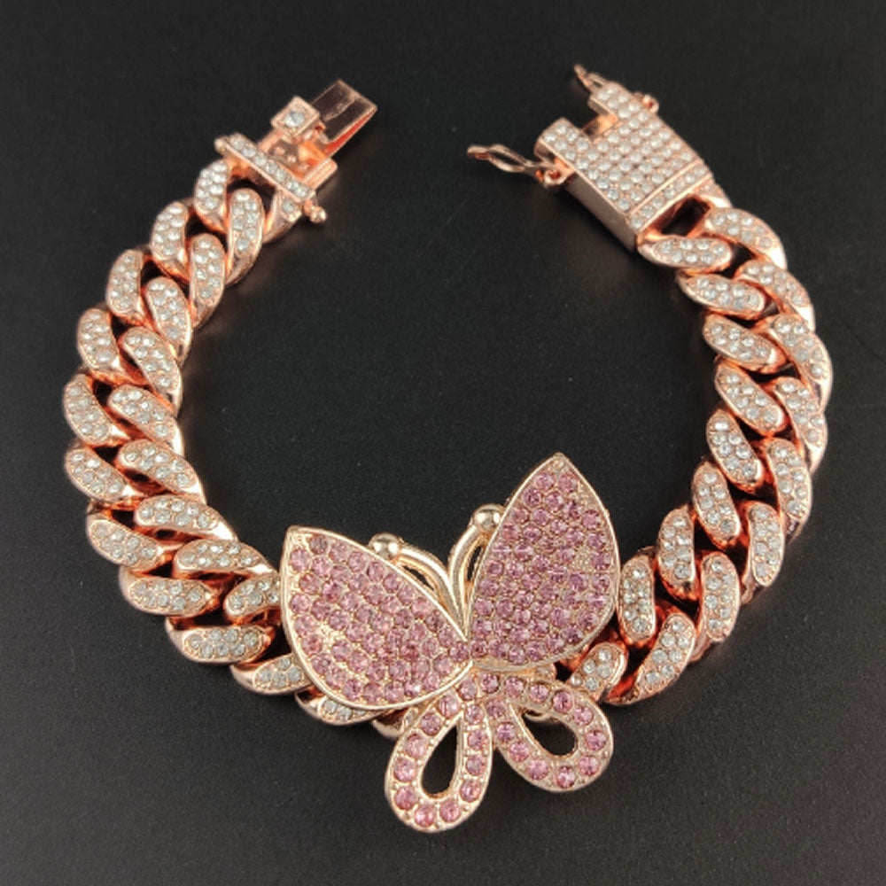 cheap 12mm wide hip hop iced ice out rhinestone diamond cuban link butterfly bracelet jewelry