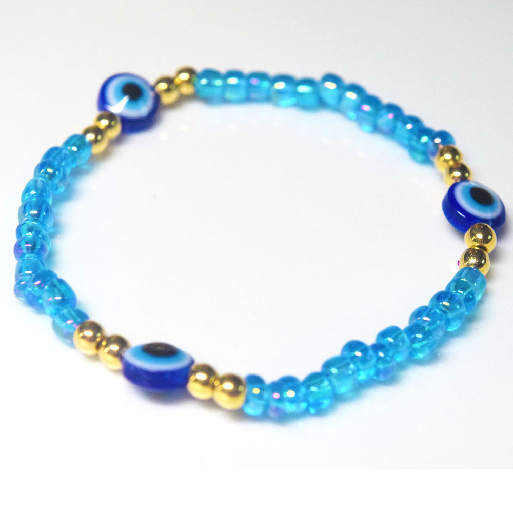 bohemian style stackabele handmade glass rice seed beads beaded elastic devil eye bead charm bracelet jewelry