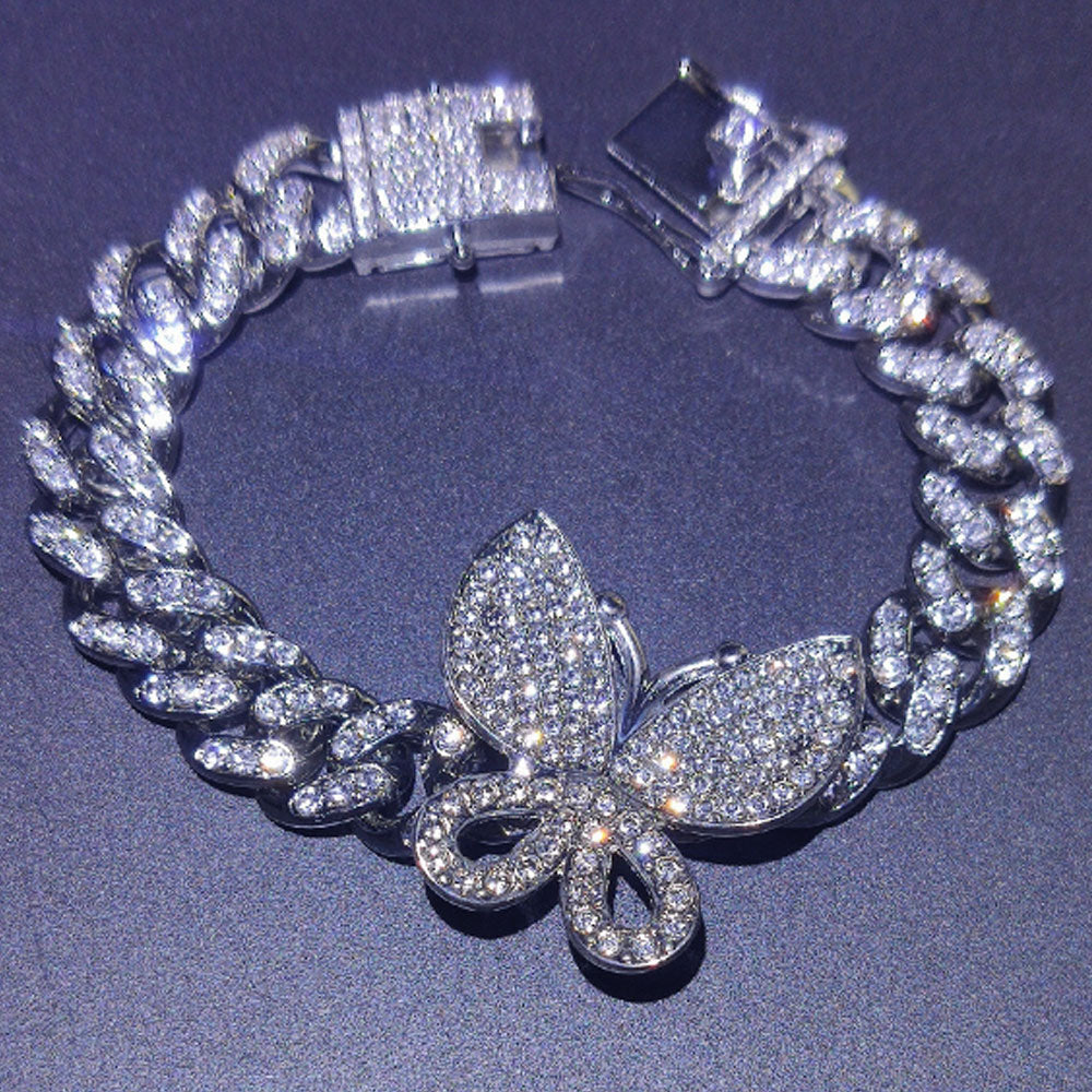 cheap 12mm wide hip hop iced ice out rhinestone diamond cuban link butterfly bracelet jewelry