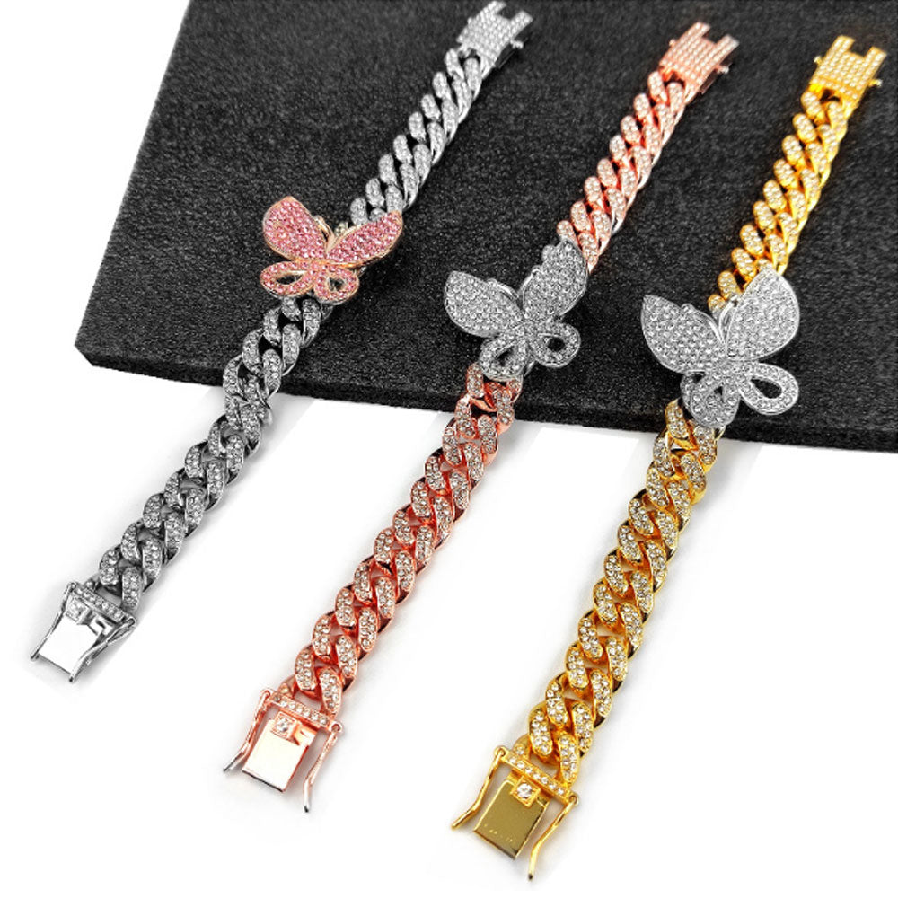 cheap 12mm wide hip hop iced ice out rhinestone diamond cuban link butterfly bracelet jewelry