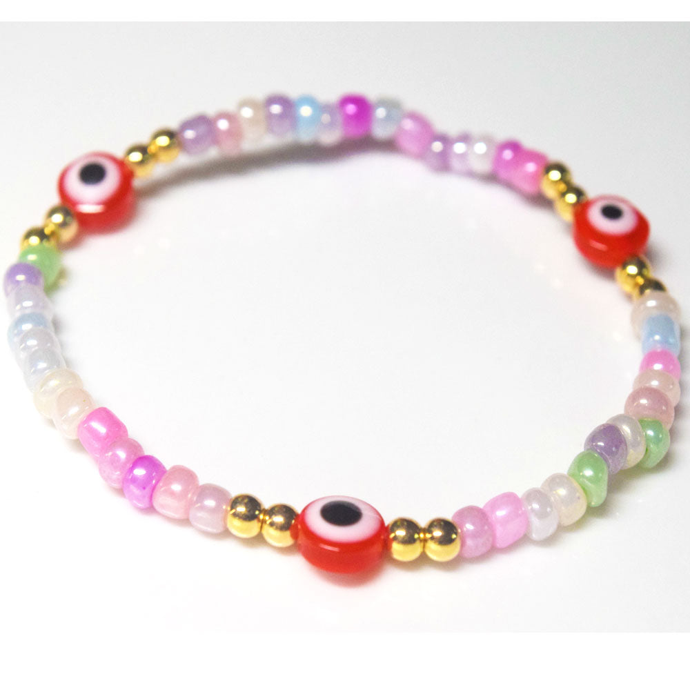 bohemian style stackabele handmade glass rice seed beads beaded elastic devil eye bead charm bracelet jewelry