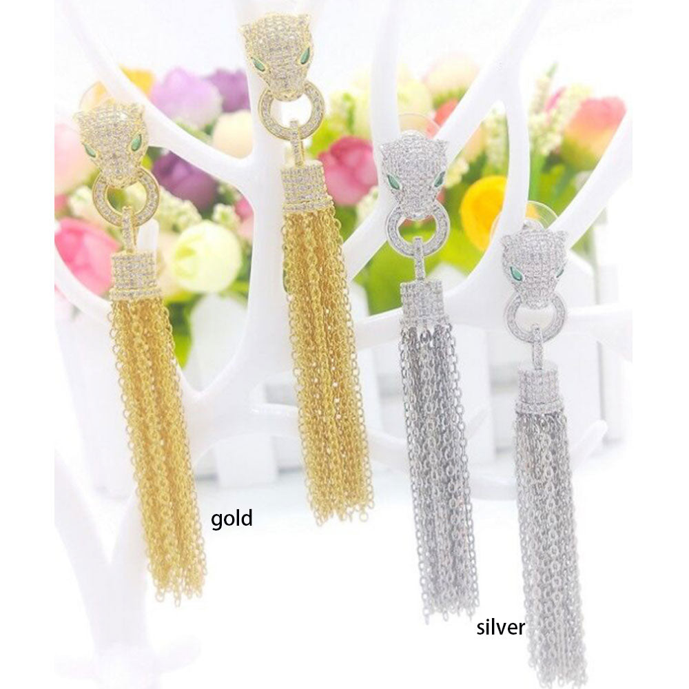 silver and gold cz zircon unique korea animal sex panther leopard head charm earring chain long metal tassel dangle drop earring jewelry boho