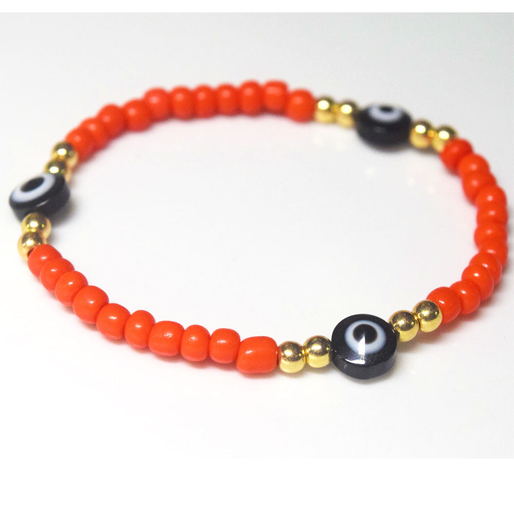 bohemian style stackabele handmade glass rice seed beads beaded elastic devil eye bead charm bracelet jewelry