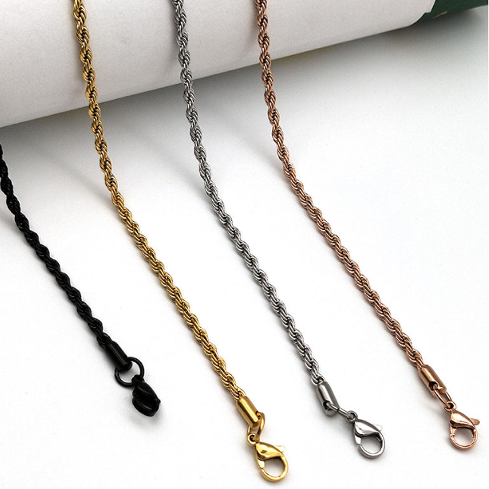 wholesale stainless steel gold silver black and silver twist twisted chain necklace or for pendant 3mm thick full lengths