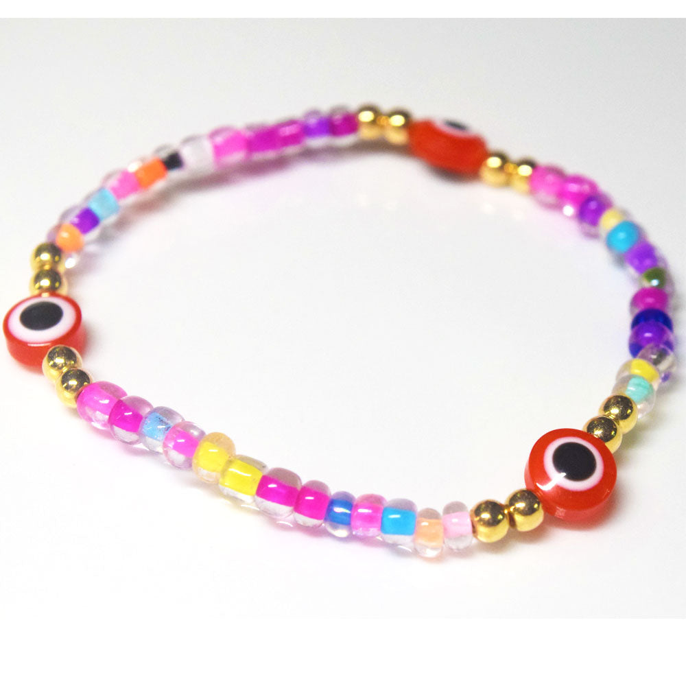 bohemian style stackabele handmade glass rice seed beads beaded elastic devil eye bead charm bracelet jewelry