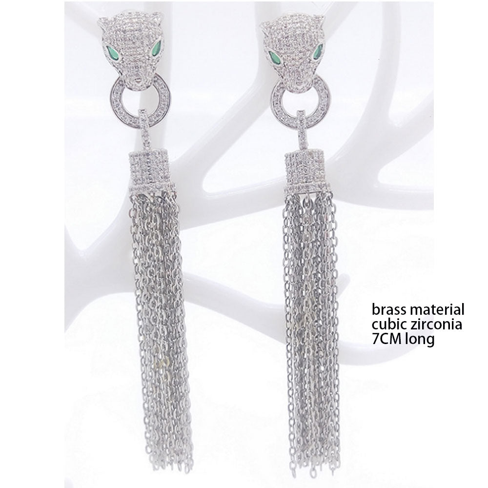 silver and gold cz zircon unique korea animal sex panther leopard head charm earring chain long metal tassel dangle drop earring jewelry boho