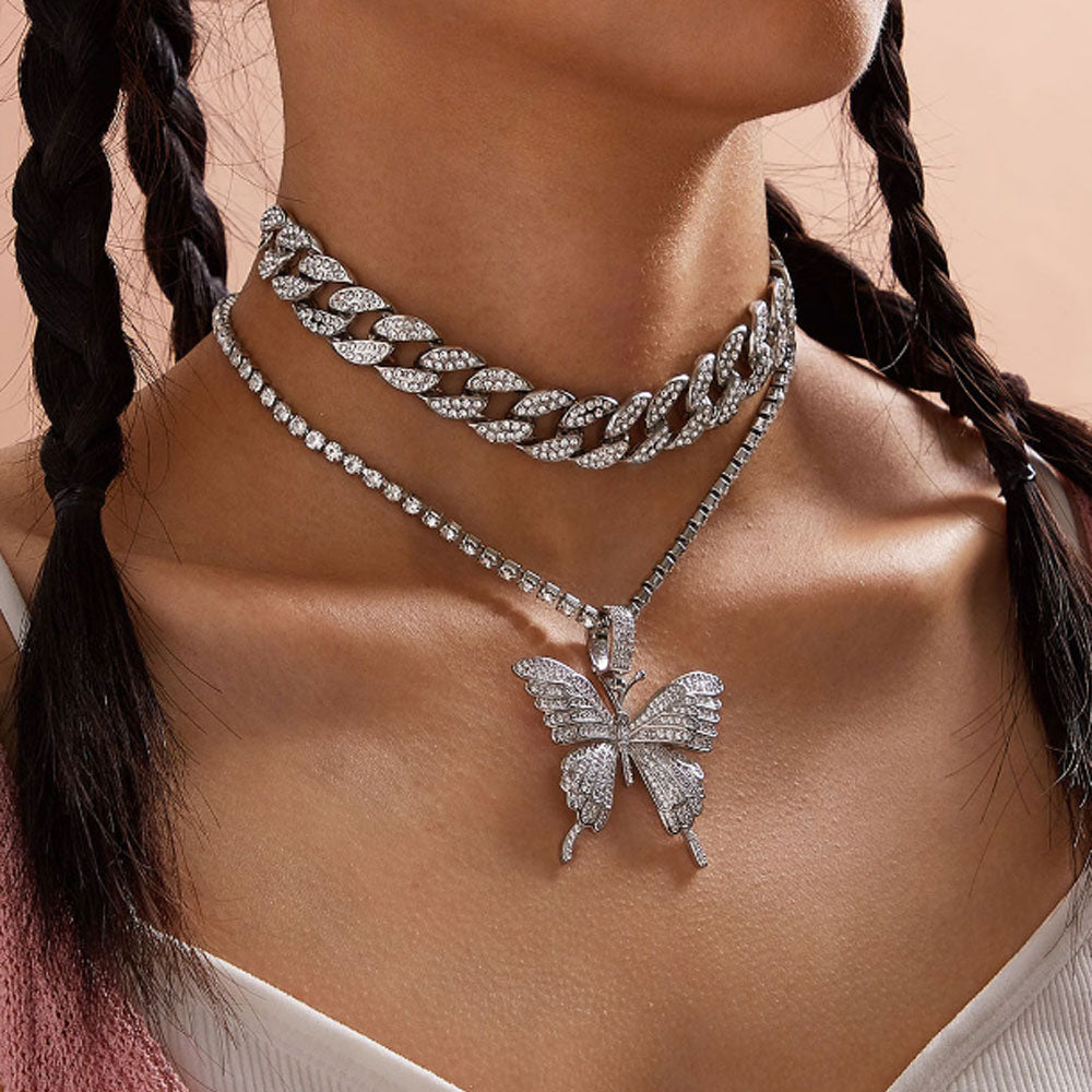 bohemian pink silver black and gold alloy cuban and tennis link butterfly zircon diamond chain pendant layered necklace women