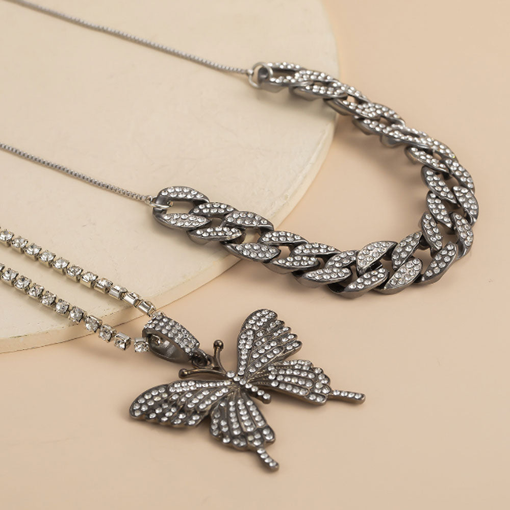 bohemian pink silver black and gold alloy cuban and tennis link butterfly zircon diamond chain pendant layered necklace women