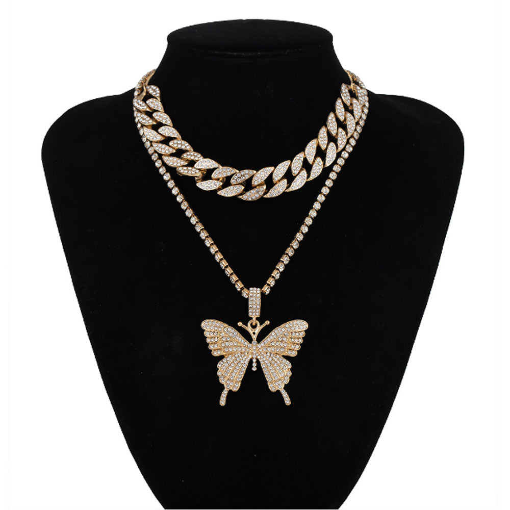 bohemian pink silver black and gold alloy cuban and tennis link butterfly zircon diamond chain pendant layered necklace women