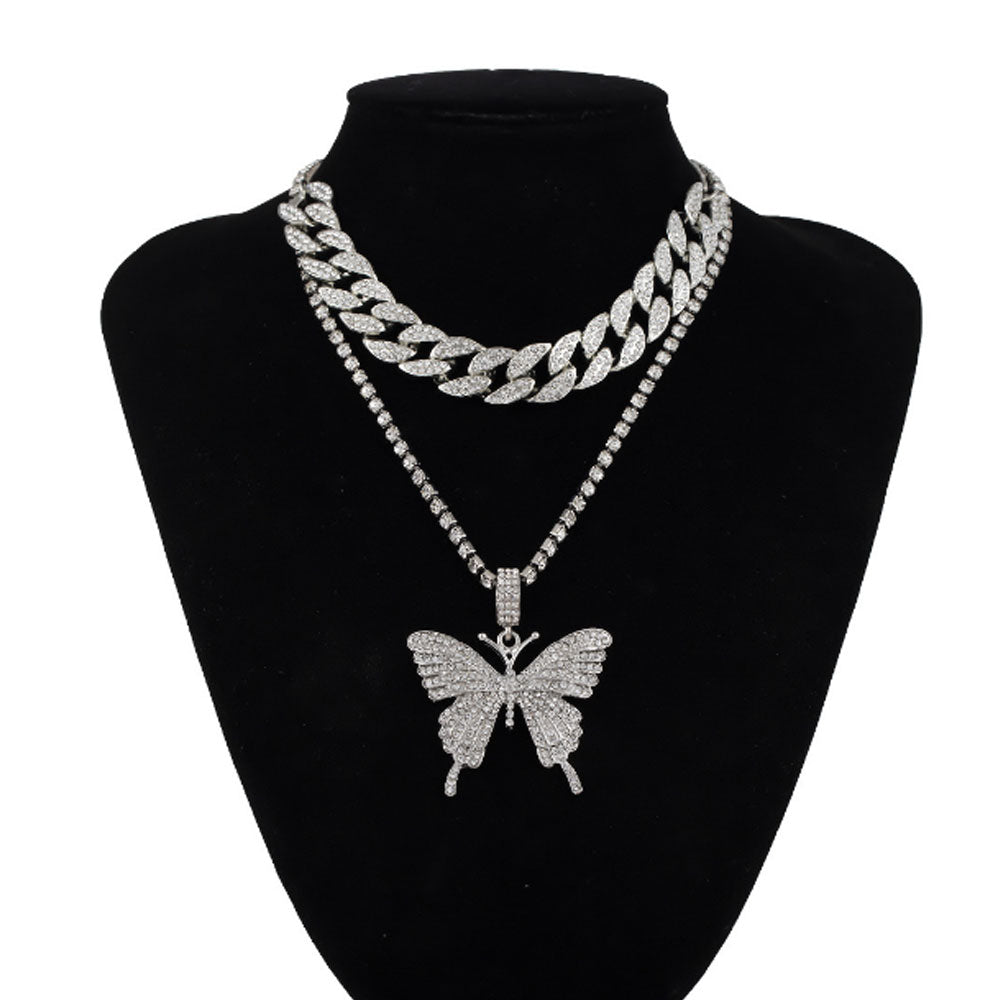 bohemian pink silver black and gold alloy cuban and tennis link butterfly zircon diamond chain pendant layered necklace women