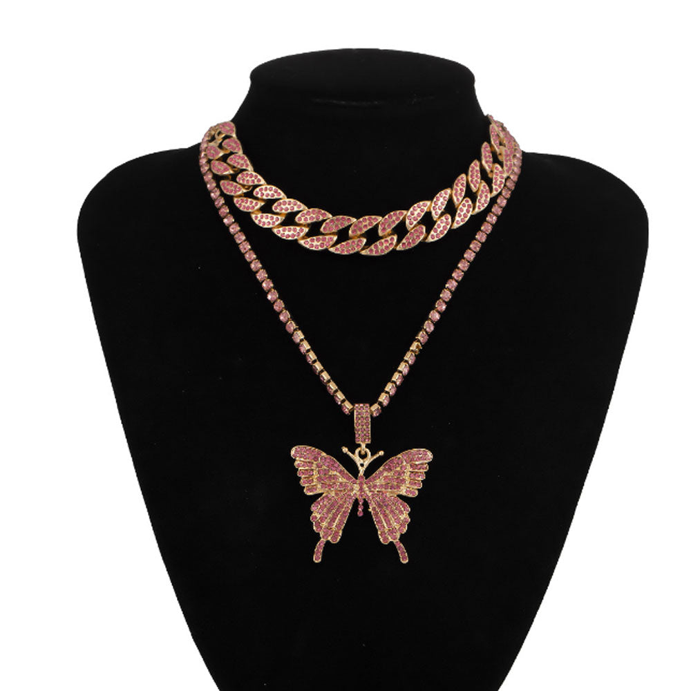 bohemian pink silver black and gold alloy cuban and tennis link butterfly zircon diamond chain pendant layered necklace women