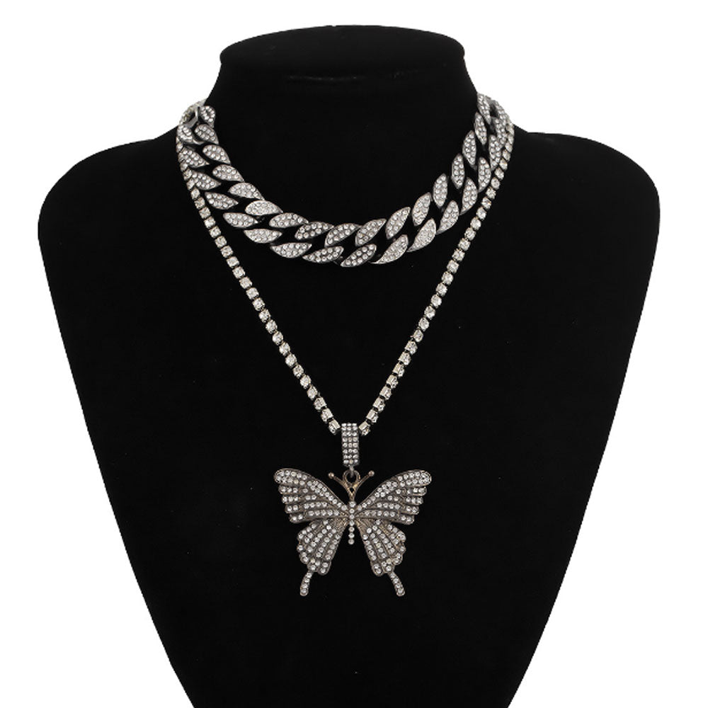 bohemian pink silver black and gold alloy cuban and tennis link butterfly zircon diamond chain pendant layered necklace women