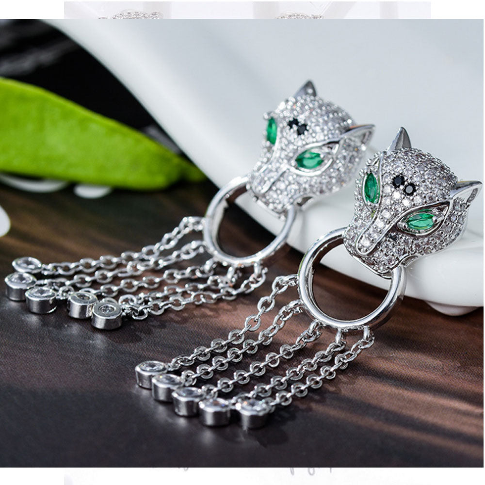 Korea animal 925 sterling silver pin brass with 18k white gold plated cubic zirconia panther leopard hoop tassel earring jewelry