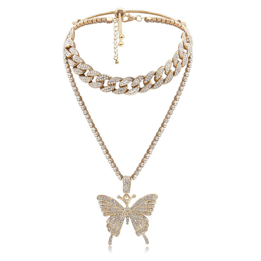 bohemian pink silver black and gold alloy cuban and tennis link butterfly zircon diamond chain pendant layered necklace women