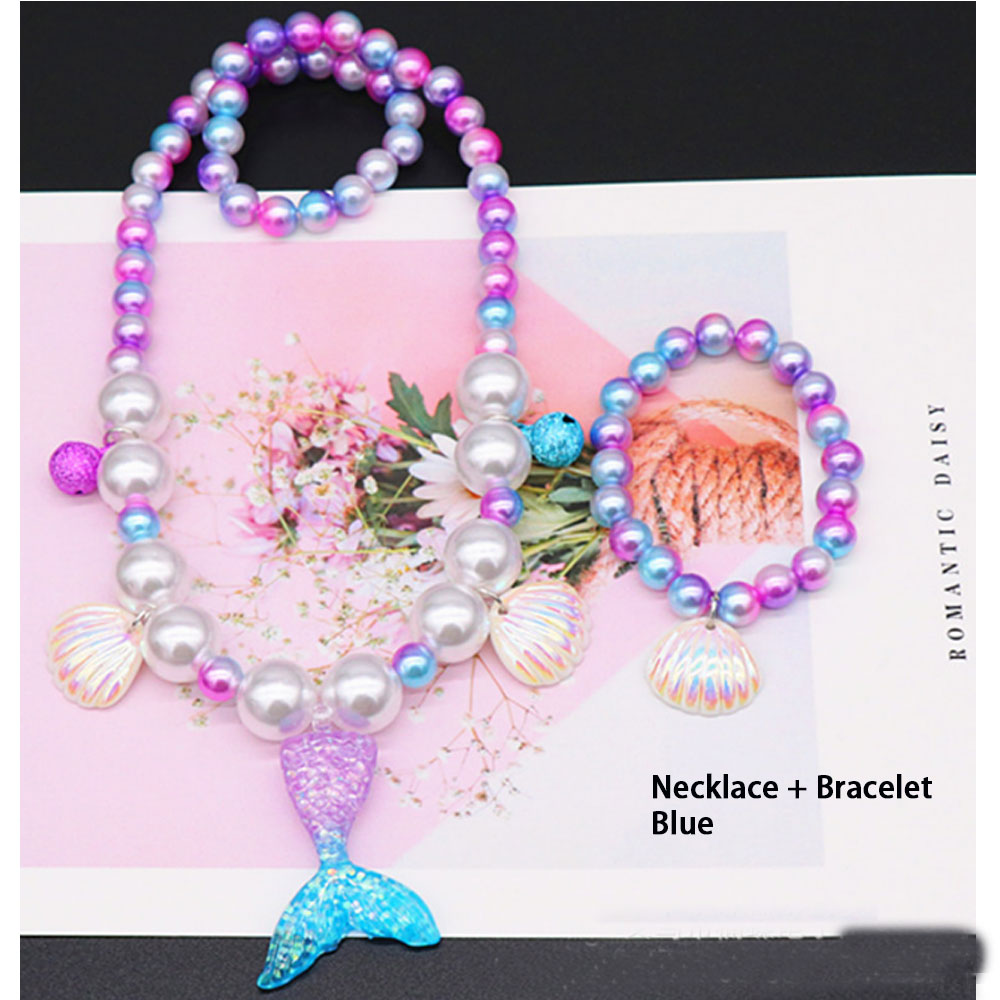 wholesale glass pearl beads pink and blue kids jewelry Girls Christmas Beads mermaid pendant jewelry sets for children