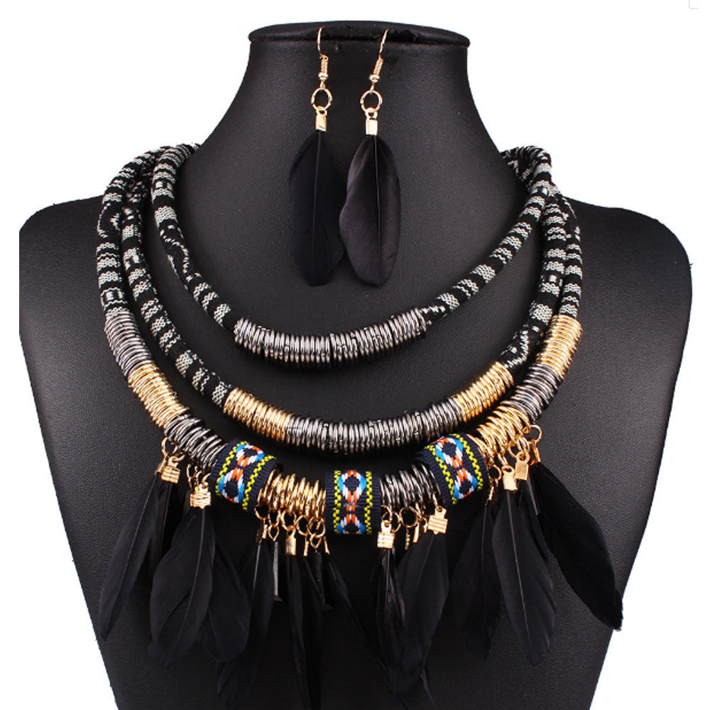 Wholesale Bold Bohemian layered collier femme African native American tribal women lucky real Feather necklace woven jewelry sets