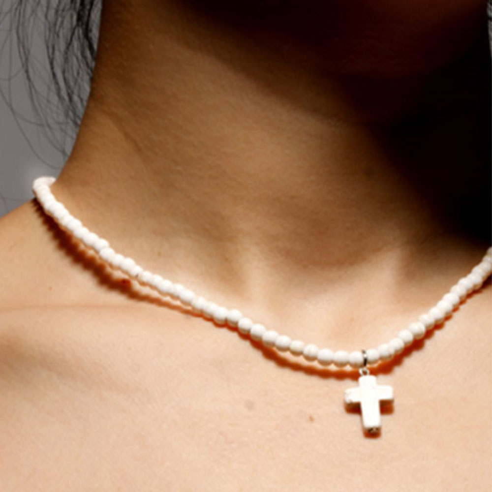 handmade blue turquoise and white howlite 4mm stone seed beads choker necklace with cross pendant