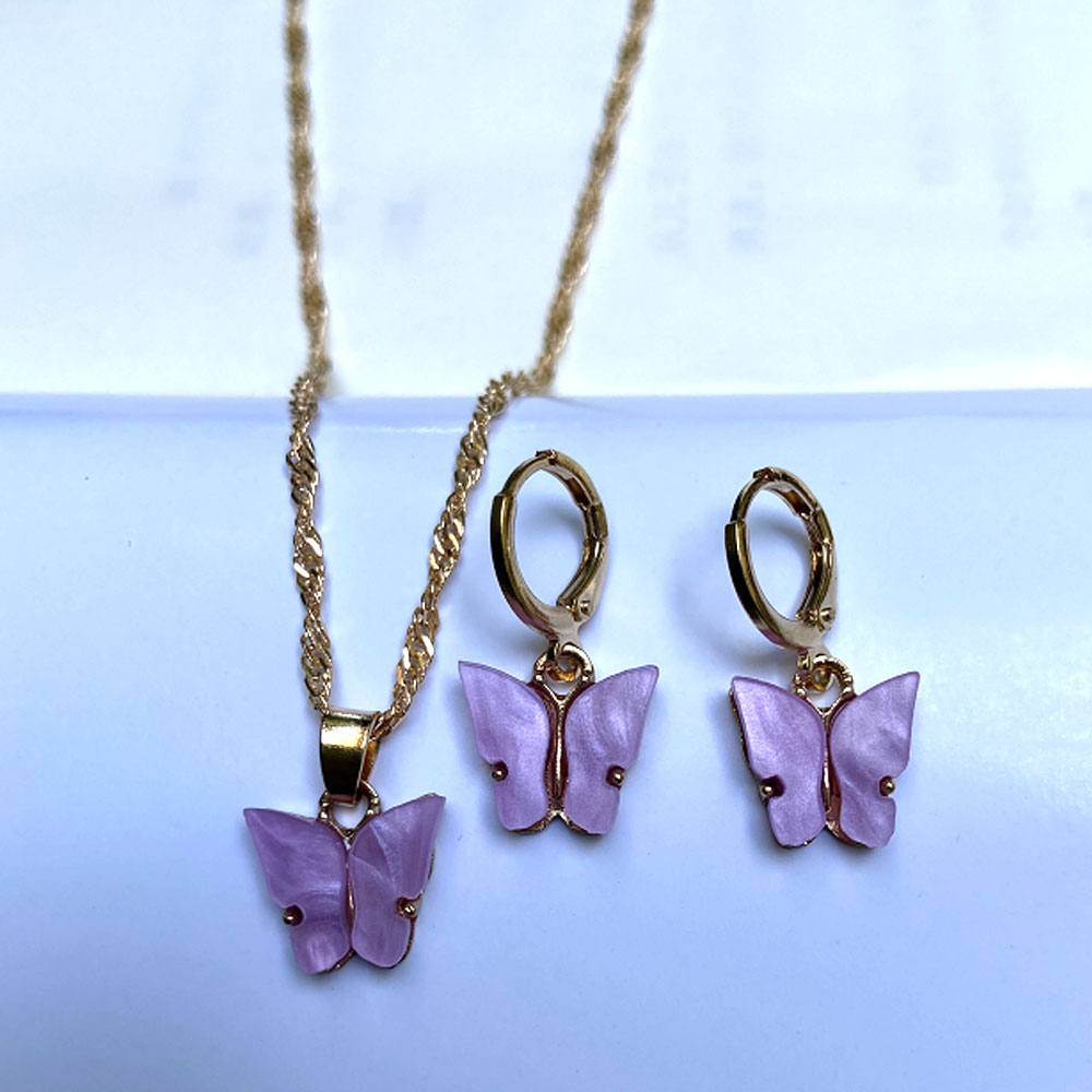 Fashion trendy accessories acrylic butterfly charm pendan necklace andt earrings jewelry set
