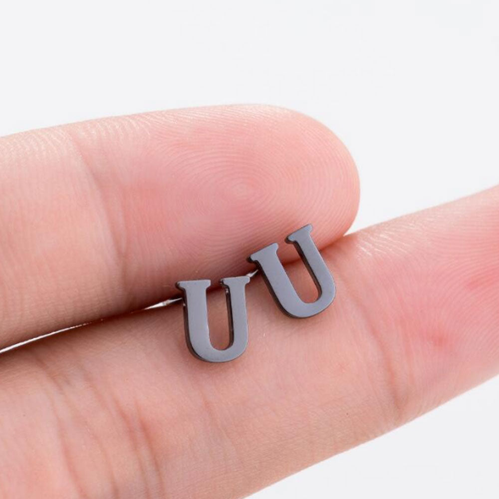 Gold Color fashion safety pin surgery stainless steel tiny initial alphabet letter stud earrings jewelry for women