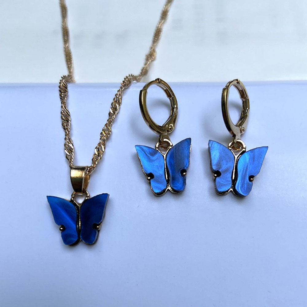 Fashion trendy accessories acrylic butterfly charm pendan necklace andt earrings jewelry set