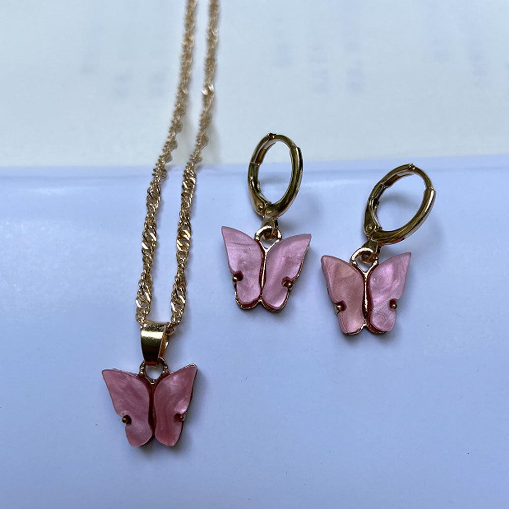 Fashion trendy accessories acrylic butterfly charm pendan necklace andt earrings jewelry set