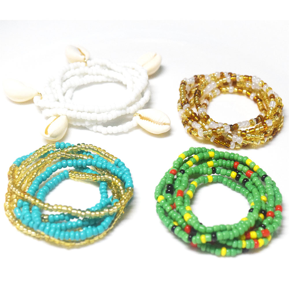 handmade glass seed beads waist belly chain 4pcs a set for women elastic cord sea shell charms stretchy body jewelry