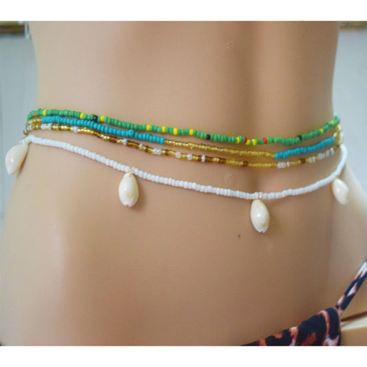 handmade glass seed beads waist belly chain 4pcs a set for women elastic cord sea shell charms stretchy body jewelry