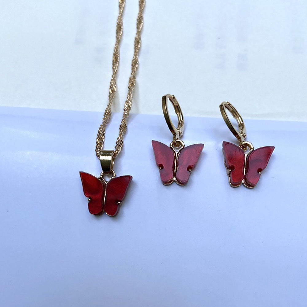 Fashion trendy accessories acrylic butterfly charm pendan necklace andt earrings jewelry set
