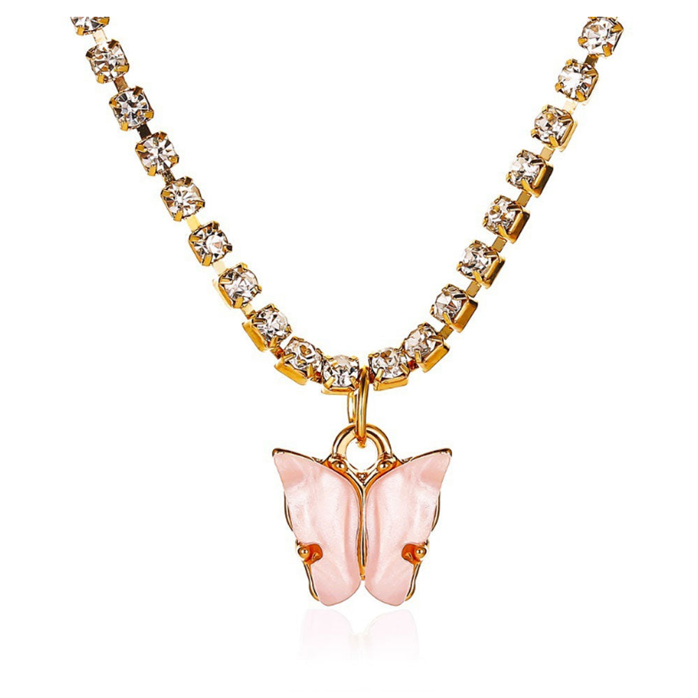 White Purple Blue Pink Butterfly Crystal Rhinestone Engraved Tennis Chain Charm Necklace Butterfly