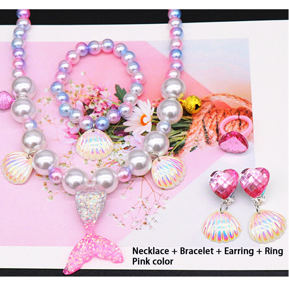 wholesale glass pearl beads pink and blue kids jewelry Girls Christmas Beads mermaid pendant jewelry sets for children