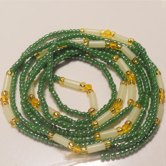 green tube bead  glass seed beads  tie on design  50 inches long  cotton string  adjustable  pure handmade