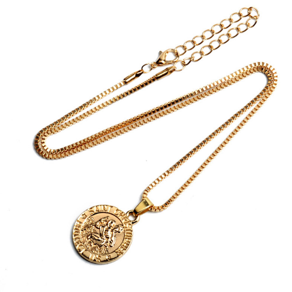 vintage alloy saint christopher jesus protect us medal coin charm pendant necklace