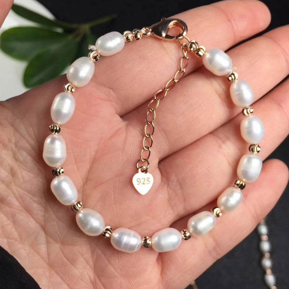 fashion trendy handmade real natural white fresh water cultured pearl bracelet with beads jewelry