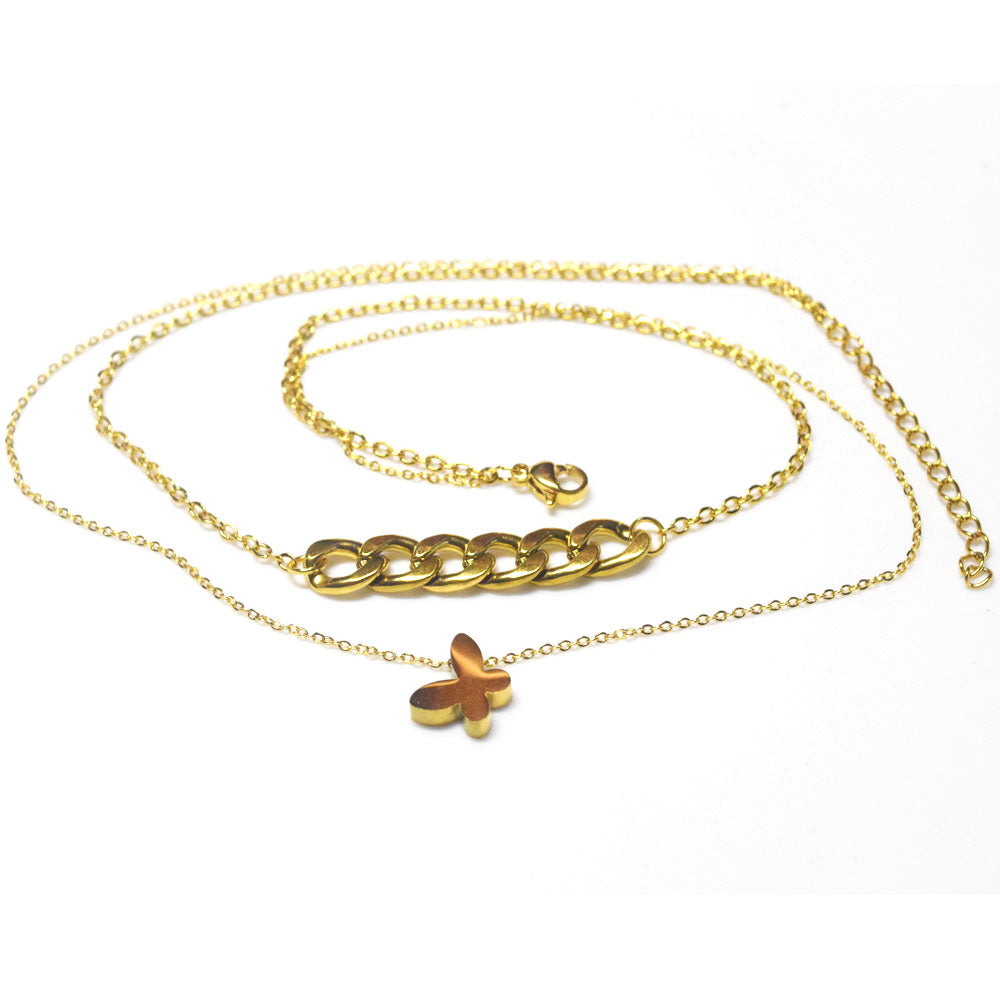 fashion boho stainless steel 18k gold plated 2 layers butterfly pendant necklace women