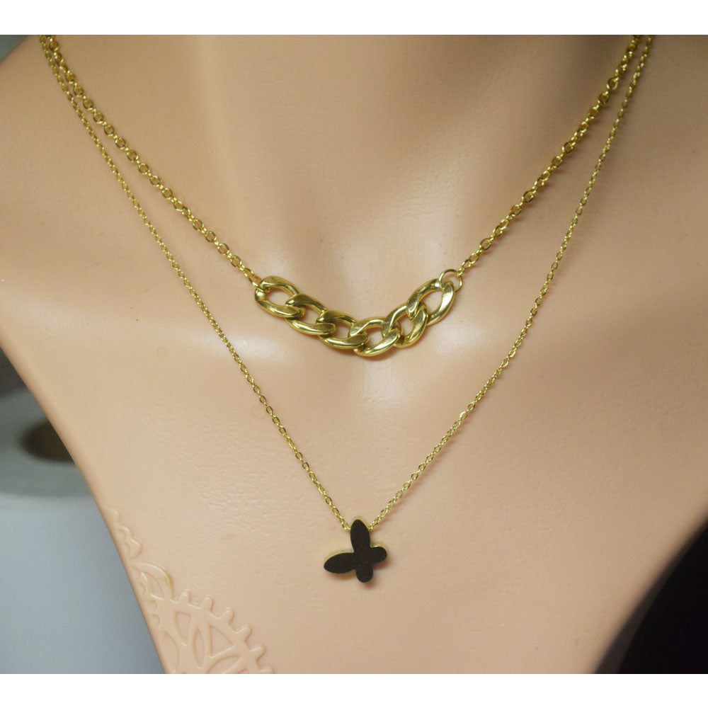 fashion boho stainless steel 18k gold plated 2 layers butterfly pendant necklace women