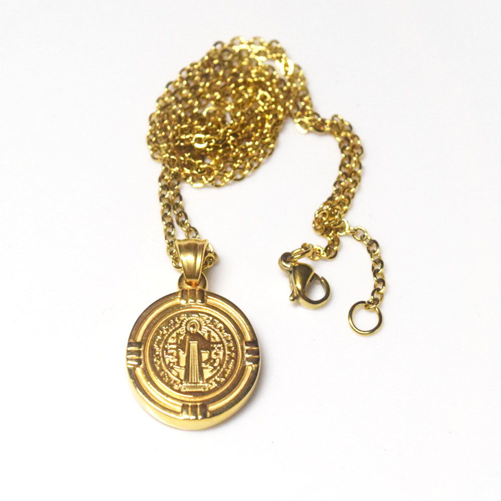 fashion trendy men's stainless steel silver and gold with st benedict medal pendant necklace jewelry