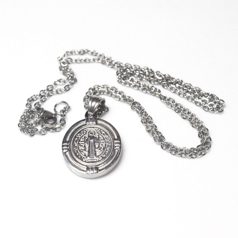 fashion trendy men's stainless steel silver and gold with st benedict medal pendant necklace jewelry
